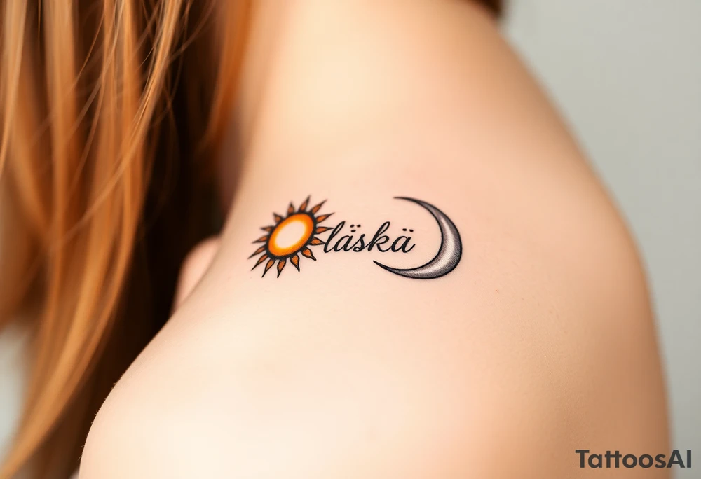A moon-and-sun-themed infinity symbol, where one side features a golden sun and the other a silvery crescent moon, with the word "láska" written in between tattoo idea