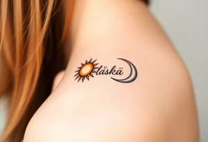 A moon-and-sun-themed infinity symbol, where one side features a golden sun and the other a silvery crescent moon, with the word "láska" written in between tattoo idea