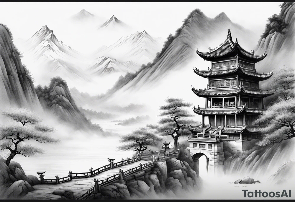forearm sleeve traditional chinese art painting style autumn mountains mist fog water Chinese temple female with pony tail wearing robes seated meditating far away in the distance tattoo idea
