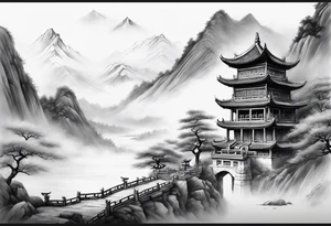 forearm sleeve traditional chinese art painting style autumn mountains mist fog water Chinese temple female with pony tail wearing robes seated meditating far away in the distance tattoo idea