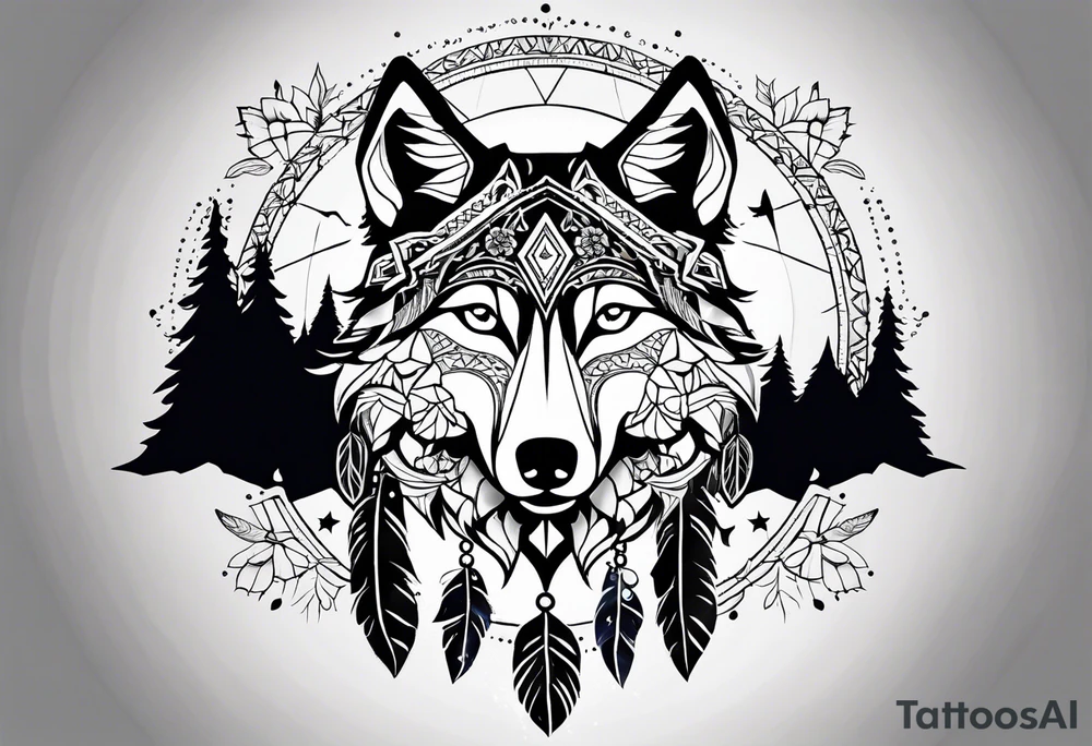 A whimsical wolf tattoo featuring mandala or dream catcher elements, with the wolf as the central focus. Show the wolves whole body standing surrounded by mountains in the background. Include flowers and nature elements to fill the space around the wolf. Some color but not completely solid bold color tattoo idea