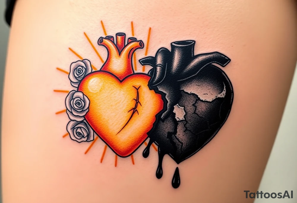A sacred, glowing heart encased in rays of golden light, adorned with delicate white roses, representing purity, opposed to a blackened, broken heart with cracked, darkened edges, leaking a dark liquid like ink, symbolizing pain and corruption. tattoo idea