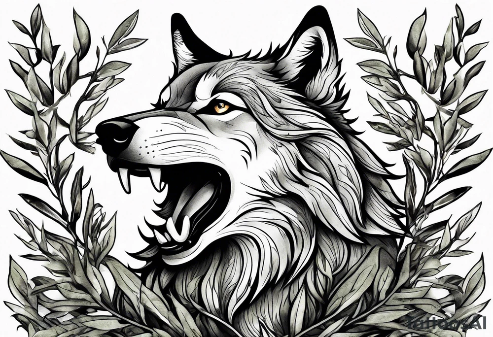realistic howling wolf drawn with olive tree branches and leaves tattoo idea