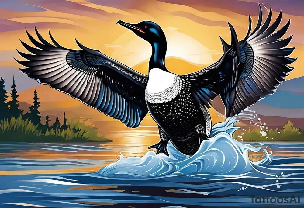 A North American common loon looking majestic as it spreads its wings in the water. On the mid-upper thigh. Don’t have a background. Make sure it is just the loon. The image should be face directly at the loon’s chest. tattoo idea