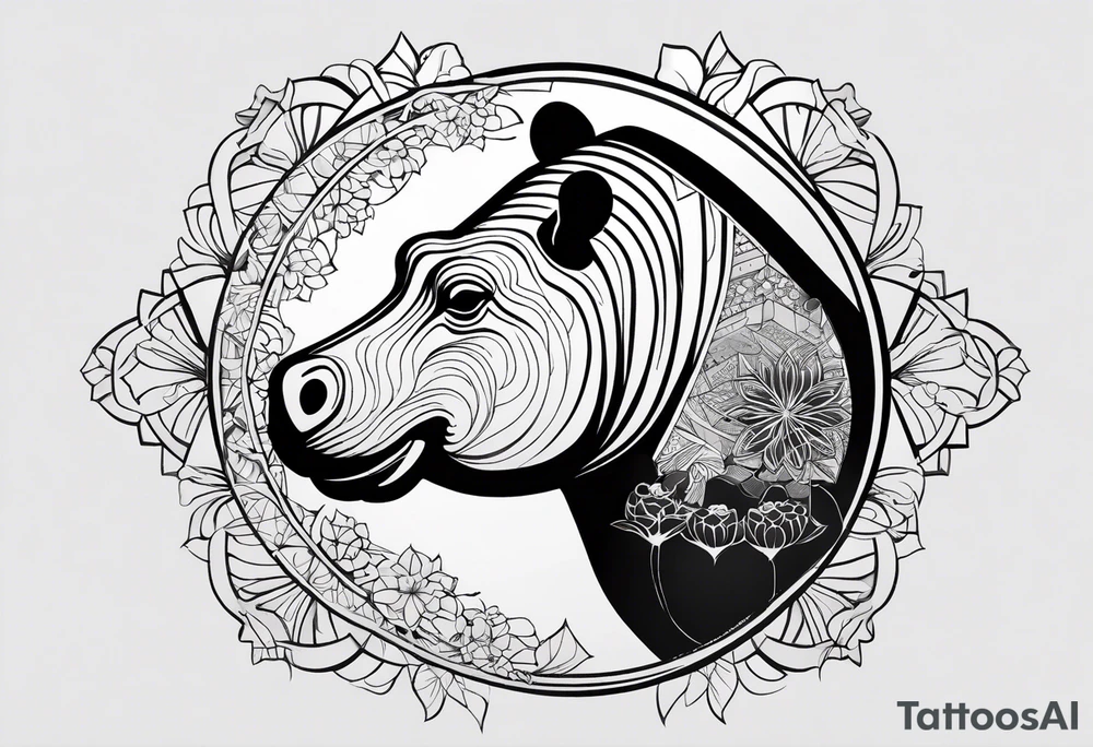 Very asymmetrical, +geometric pattern, with realistic full moon, with seeious looking hippo, +zen feel, + Buddhism touch, +tribal, +geometric
with wintersweet flower bud, +portrait orientation, +inkart touch, tattoo idea
