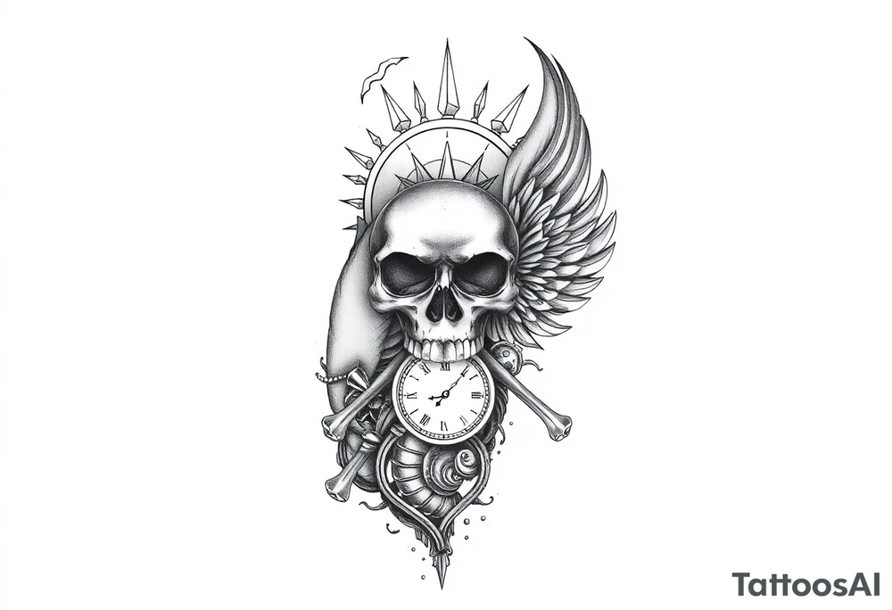 Skull and crossbones, sun, phoenix, clock face tattoo idea
