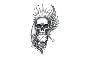 Skull and crossbones, sun, phoenix, clock face tattoo idea