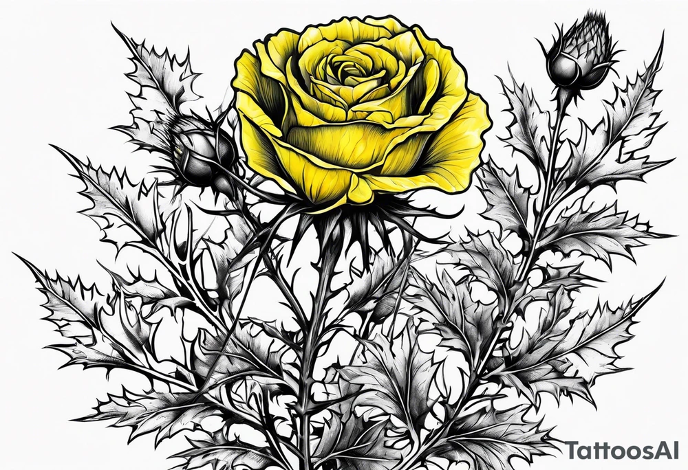 A thistle and a yellow rose and a shamrock whose stems spell K N D. tattoo idea
