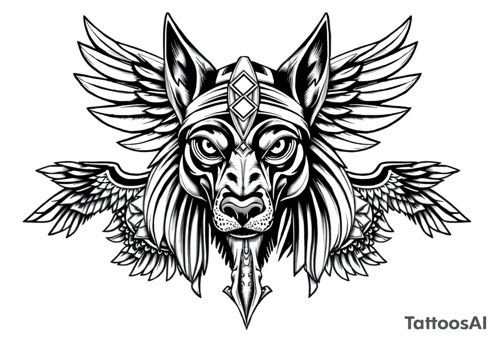Egyptian Anubis god face muscle in Egypt style  with mantle on head with empty eyes 

dog face surrounded Egyptian symbols based on elements tattoo idea
