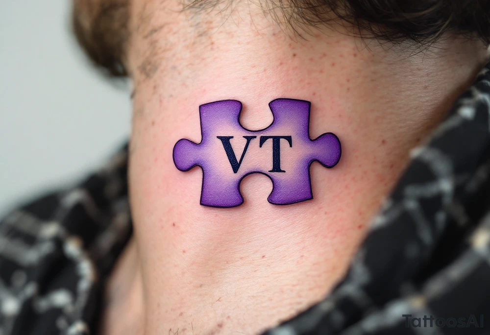 A puzzle piece in pastel purple with the daughter’s initials VT inside, symbolizing how she completes your heart. tattoo idea
