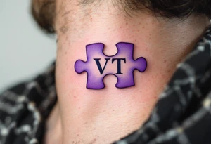 A puzzle piece in pastel purple with the daughter’s initials VT inside, symbolizing how she completes your heart. tattoo idea