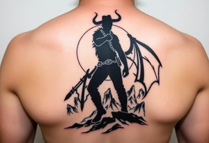 Demon cowboy silhouette against a fiery, jagged landscape. tattoo idea