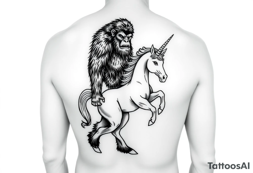 Bigfoot wearing a unicorn tube full leg piece tattoo idea