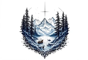 tattoo that has an acacia tree with forest mountains, ocean with a ship wreck with sharks and the bright northern star tattoo idea