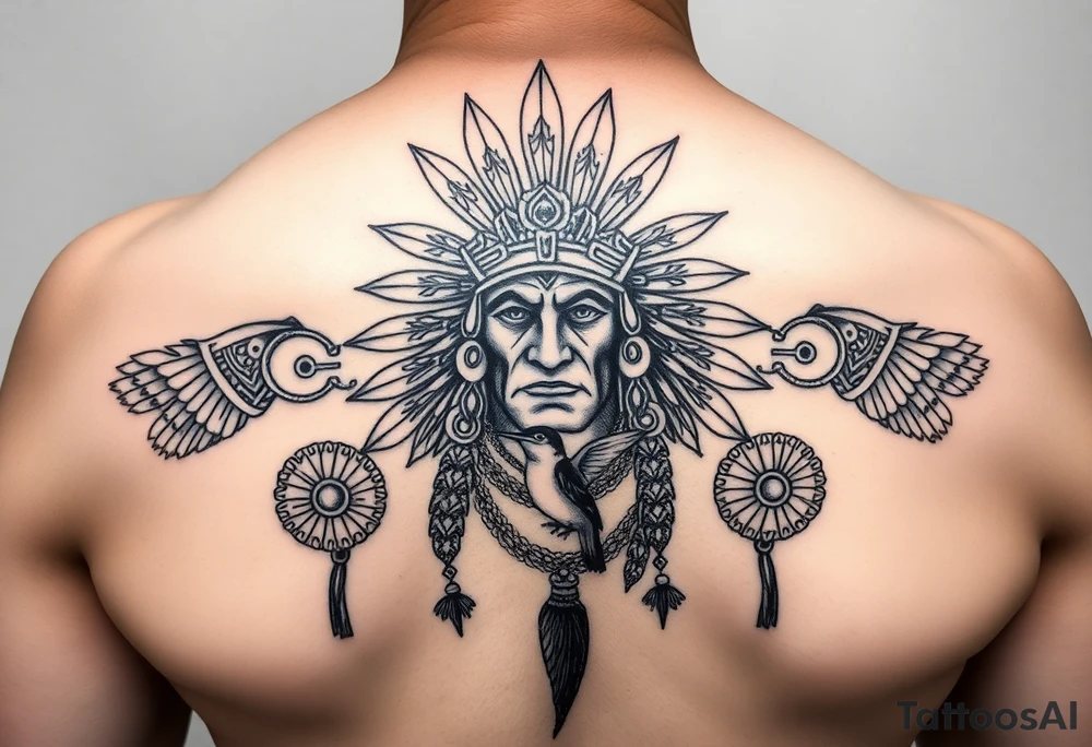 Purepecha king surrounded by purepecha symbols with hidden hummingbird tattoo idea