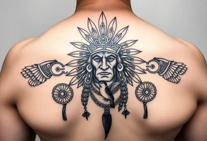 Purepecha king surrounded by purepecha symbols with hidden hummingbird tattoo idea