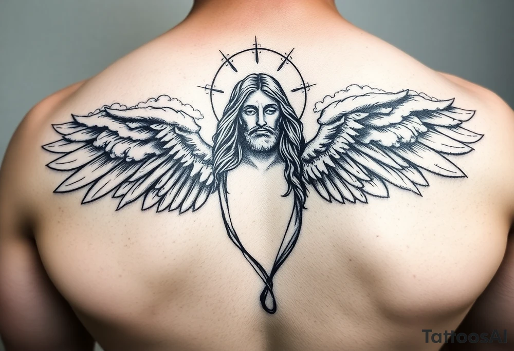 magestic christ with clouds wings black and white tattoo idea