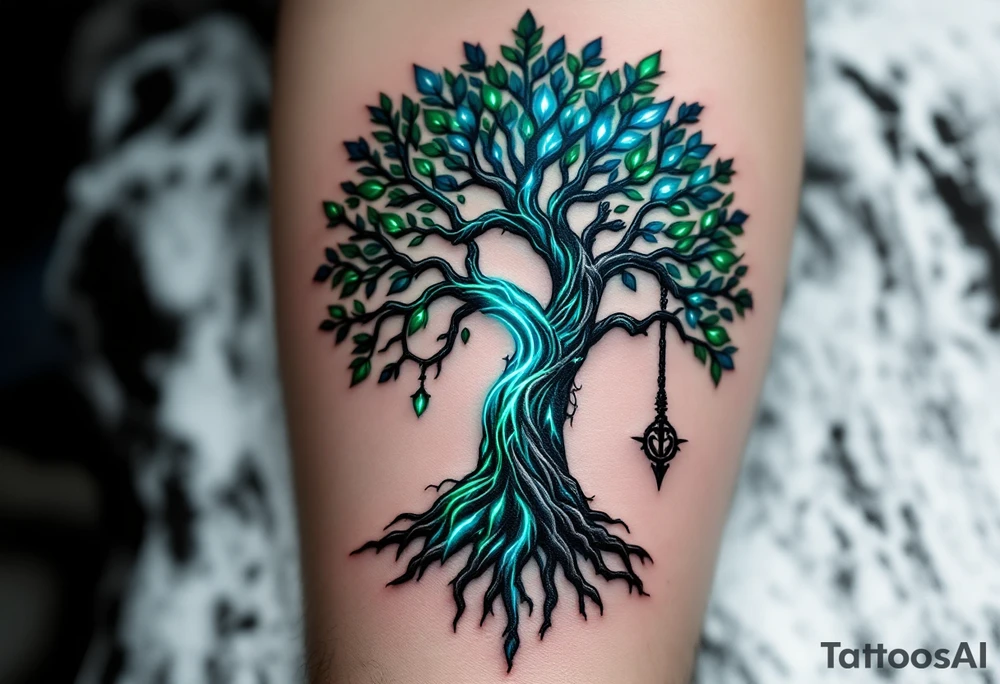 A Nordic tree of life (Yggdrasil) with Mjölnir hanging from one of its branches, glowing with divine energy in shades of green, blue, and silver. tattoo idea