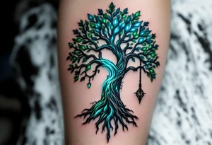 A Nordic tree of life (Yggdrasil) with Mjölnir hanging from one of its branches, glowing with divine energy in shades of green, blue, and silver. tattoo idea