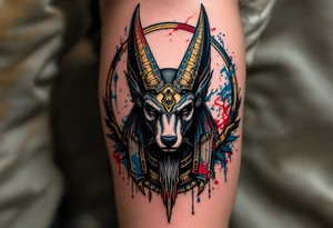 An Anubis with a Halo - Blending Egyptian mythology with Christian spirituality (only red , blue and black are possible colors) tattoo idea