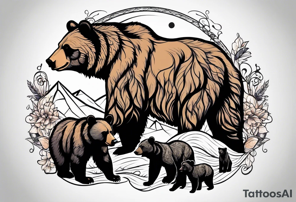 momma bear with 3 cubs tattoo idea