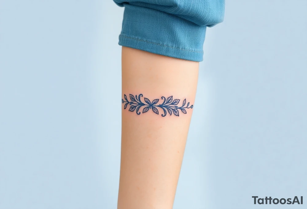 A lace ribbon around the forearm, with fine embroidery-inspired details tattoo idea