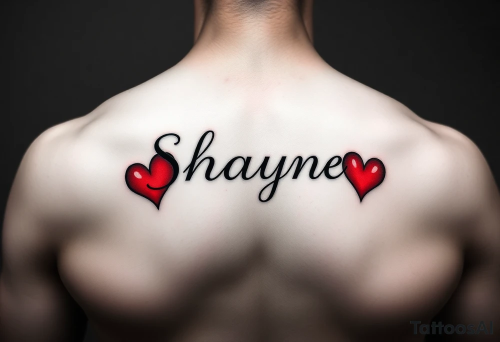 Shayne written with red hearts simple yet beautiful on chest tattoo idea