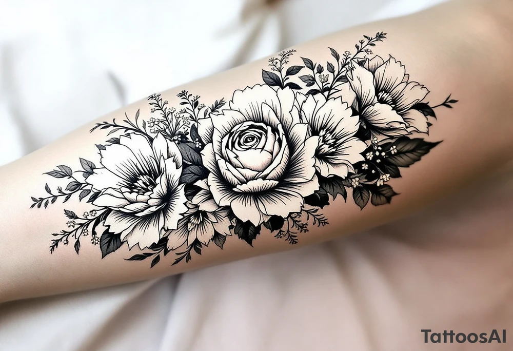 A row of birth flowers with the son’s portrait in the center, highlighted in full color, while others are shaded in black. tattoo idea