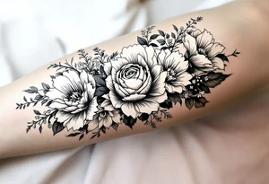 A row of birth flowers with the son’s portrait in the center, highlighted in full color, while others are shaded in black. tattoo idea