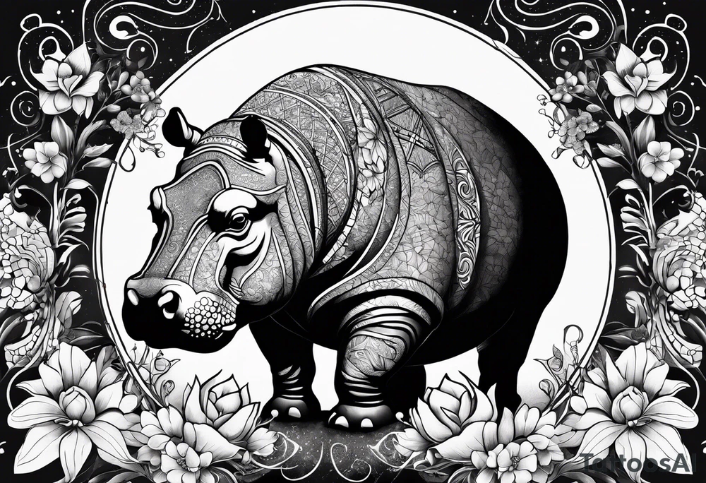 Hippo, flowers, moon, interstella, 
fine lines, tribal, geometric tattoo idea
