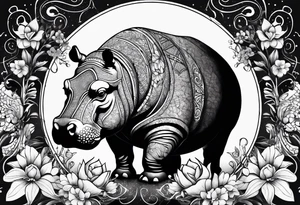 Hippo, flowers, moon, interstella, 
fine lines, tribal, geometric tattoo idea