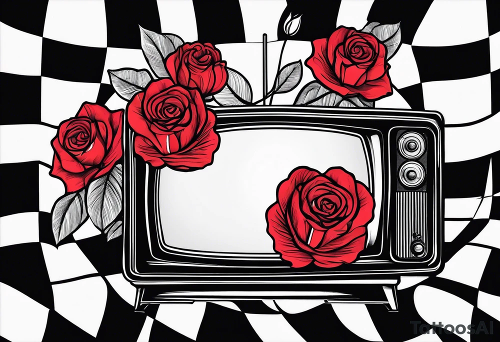 Fine line simple Retro TV with roses tattoo idea