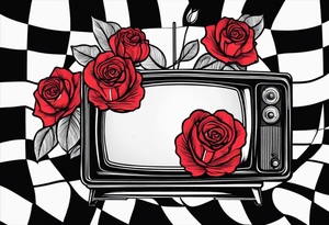 Fine line simple Retro TV with roses tattoo idea