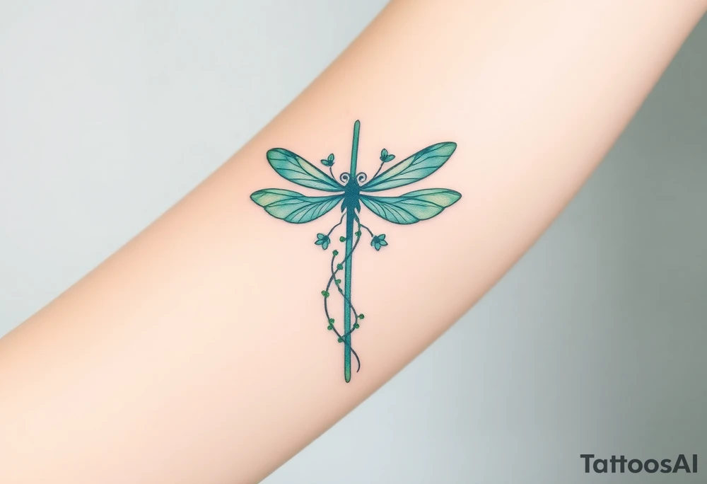 A cross made of twisting vines and flowers, with dragonfly-like wings in shades of teal and green tattoo idea