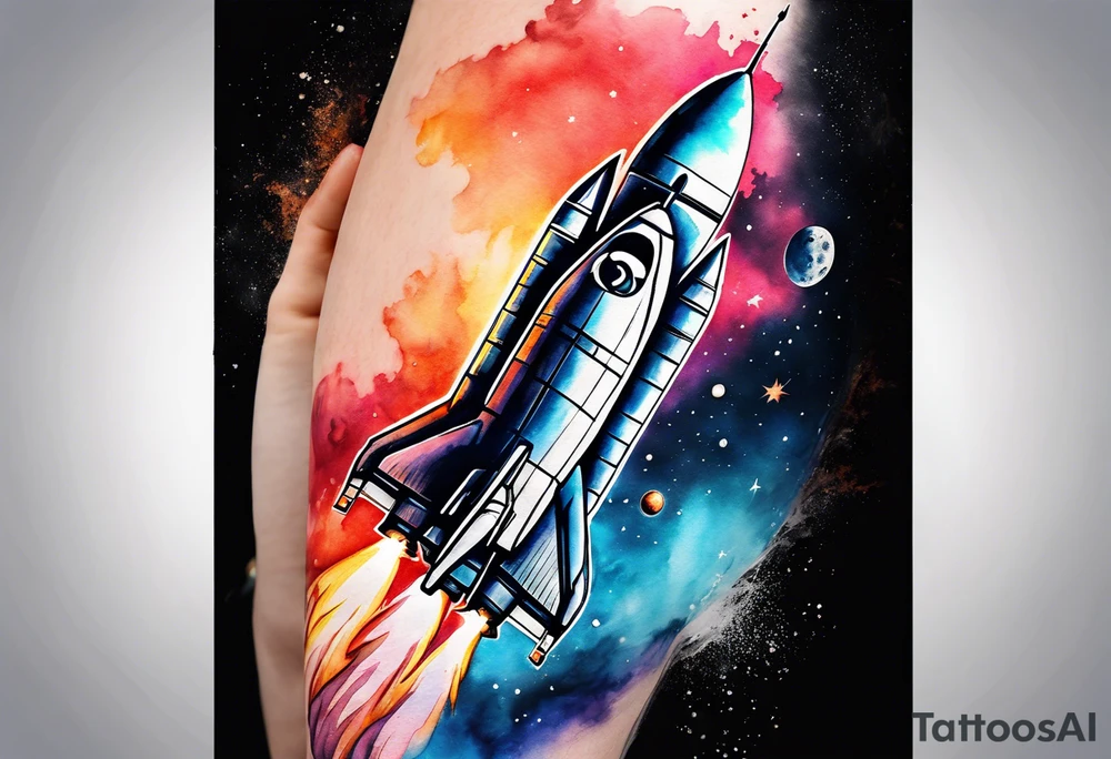 Apollo rocket blasting through deep space with subtle water colours and darkness with fade out tattoo idea