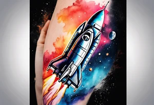 Apollo rocket blasting through deep space with subtle water colours and darkness with fade out tattoo idea