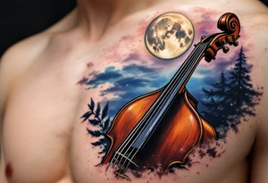 Double Bass in Moonlight – A warm brown double bass bathed in cool moonlight with a soft night sky in blue, violet, and black in the background, evoking deep tones and late-night jazz sessions. tattoo idea