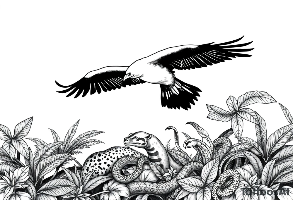 Fine line tattoo: silhouette of an Andean condor flying above Amazon rainforest, amongst the tropical foliage is a puma hiding with only its face exposed, towards the floor of the rainforest is a snake, also mostly hidden behind plants but its head and parts of its body are exposed. tattoo idea