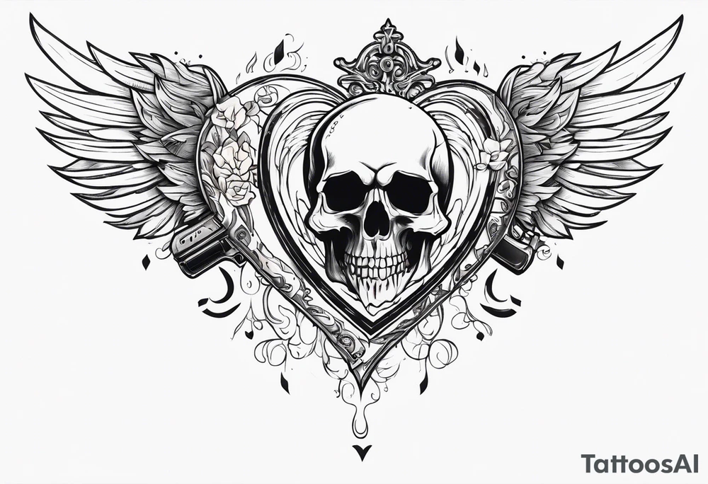 skull with a gun dominated by a  heart with wings and  flames coming out of the top of it tattoo idea