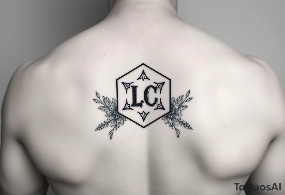 Dashed line hexagon with Leo symbol in center and flowers tattoo idea