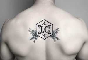 Dashed line hexagon with Leo symbol in center and flowers tattoo idea