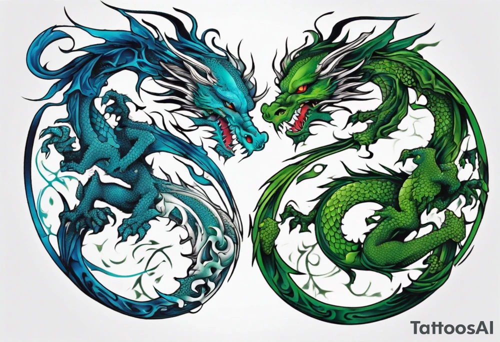 ying yang dragon half blue half green tattoo idea