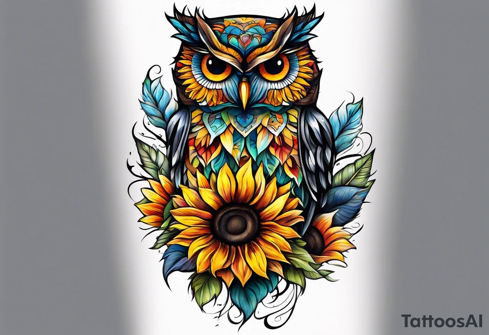 Leg sleeve with colorful sunflowers and an owl tattoo idea