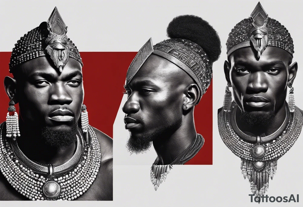 Black-skinned bald african warrior. He is a god of the war. Wears a simple red necklace and a silver crown tattoo idea