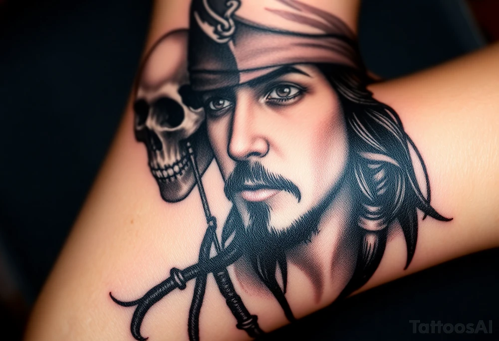 A side-profile portrait of Jack Sparrow with a shadowy skull in the background, symbolizing his connection to death and the supernatural, shaded in grayscale with faint red and gold highlights tattoo idea