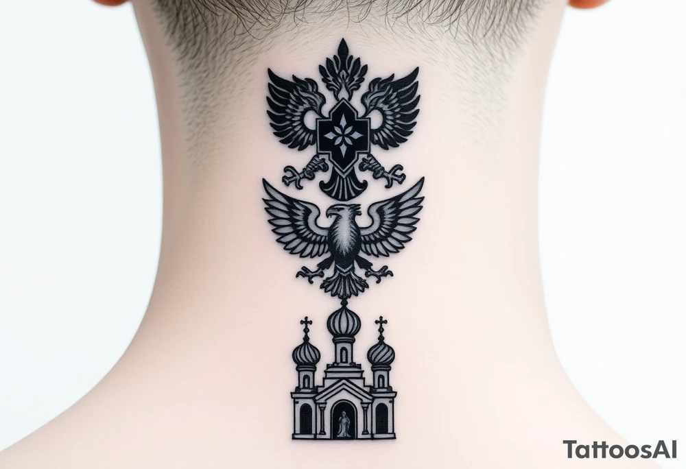 Stacked Vertical Column 

Russian star — bold
Middle: double-headed eagle — simplified, cleaner lines to suit the smaller space
Bottom: Orthodox church dome(s) & a Virgin Mary silhouette beneath tattoo idea
