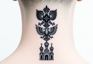 Stacked Vertical Column 

Russian star — bold
Middle: double-headed eagle — simplified, cleaner lines to suit the smaller space
Bottom: Orthodox church dome(s) & a Virgin Mary silhouette beneath tattoo idea