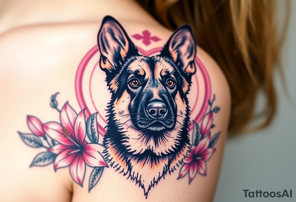 realistic german shepherd with alert ears looking protective surrounded by pink lilies with leaves in front of a sacred heart tattoo idea