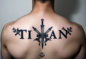 Name ‘Titan’ with birthday, Greek mythology inspired font with mini swords the T in Titan is a sword with cherry blossoms flowers in the background of the tattoo with a libra sign tattoo idea