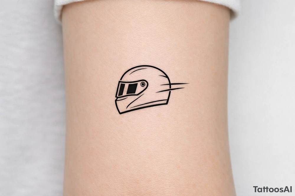 Minimalist motorsport tattoo, a sleek racing helmet in side profile with two subtle aerodynamic speed lines, black ink only, clean geometric linework, no shading, no text, compact square composition, highly recognizable at 5x5 cm, professional tattoo stencil, white background. tattoo idea
